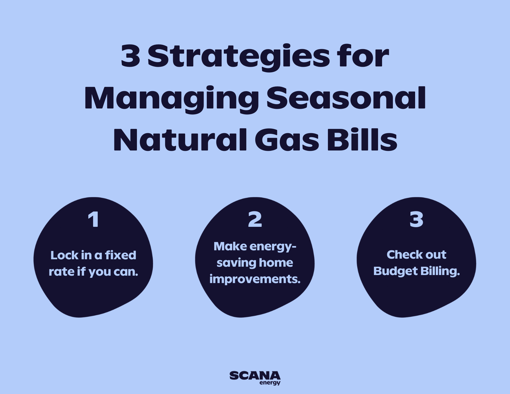 3 Strategies for Managing Bills Graphic 3 Strategies or Managing Seasonal Natural Gas Bills: 1. Lock in a fixed rate if you can; 2. Make energy-saving home improvements; 3. Check out Budget Billing.