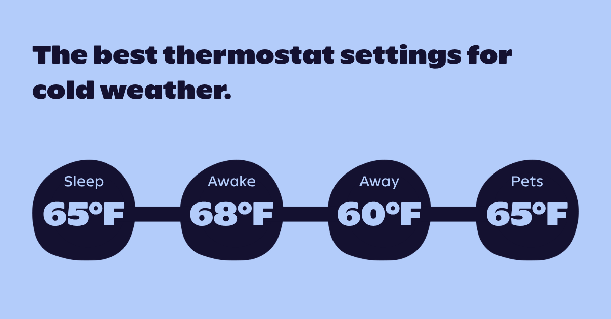 Cold Weather Thermostat Settings Graphic The best thermostat settings for cold weather. Sleep: 65°F, Awake 68°F, Away 60°F, Pets 65°F