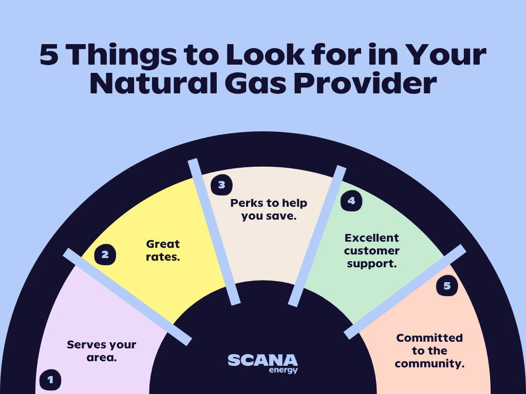 How to Choose Graphic 5 Things to Look for in Your Natural Gas Provider: Serves your area, great rates, perks to help you save, excellent customer support, committed to the community.