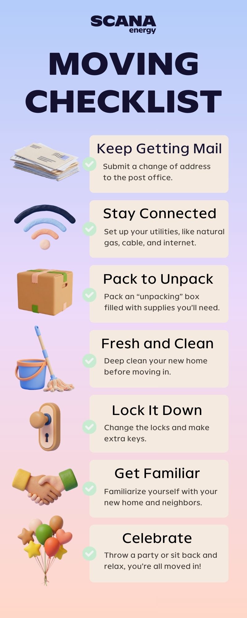 New Home Checklist Infographic Moving Checklist: Keep getting mail, stay connected, pack to unpack, fresh and clean, lock it down, get familiar, celebrate